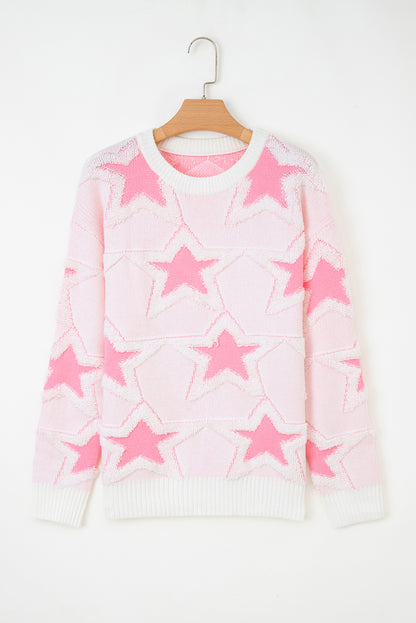 Sachet Pink Oversized Cute Star Pattern Ribbed Edge Drop Shoulder Sweater