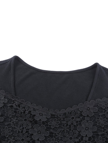 Elegant Black Lace Panel V Neck Long Sleeve Blouse