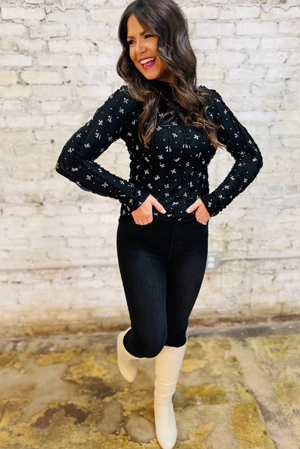 Black Bow Print Lace Detail Slim Long Sleeve Top