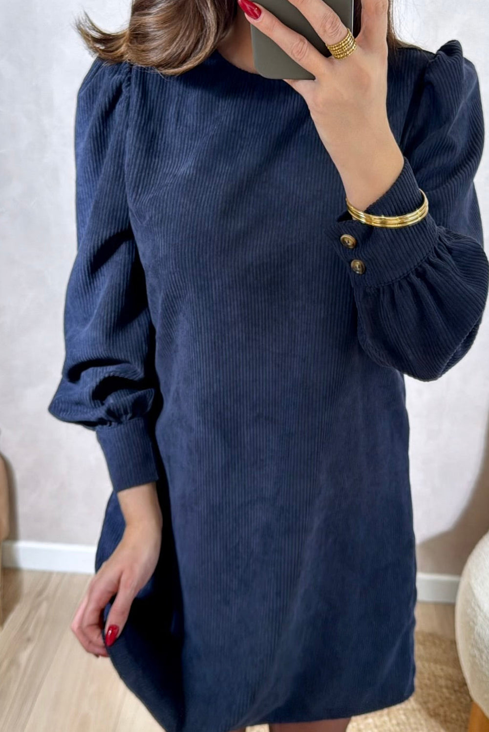 Dirty blue Solid Color Button Cuffed Long Sleeve Corduroy Mini Dress
