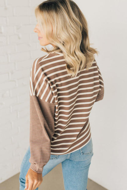 Khaki Stripe Mixed Pattern Thermal Knit Casual Sweatshirt