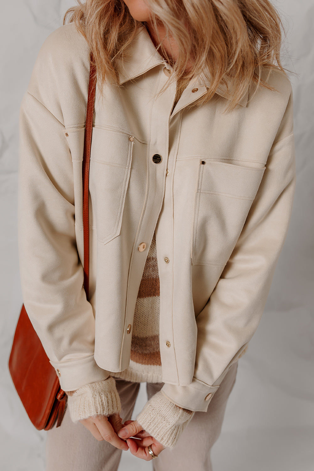 White Double Patch Pocket Snap Button Faux Suede Jacket