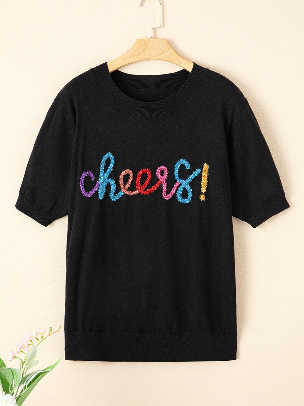 Sparkling Black Glitter Tinsel Cheers Plus Size Short Sleeve Sweater