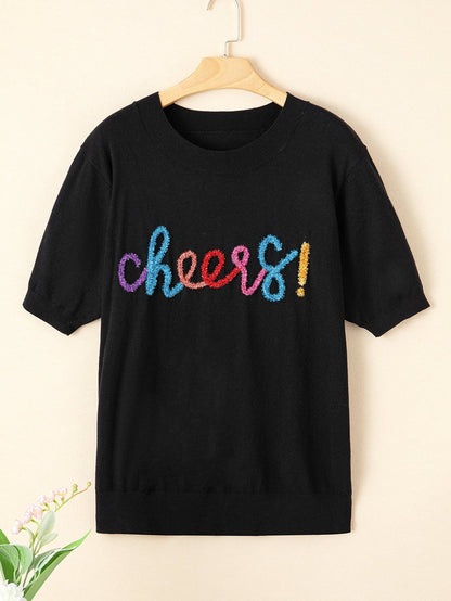 Sparkling Black Glitter Tinsel Cheers Plus Size Short Sleeve Sweater