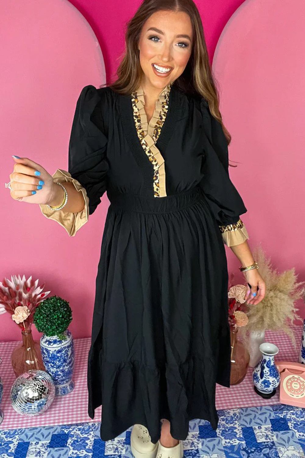 Black Contrast Frilled Trim V Neck 3/4 Ruffled Sleeve Flowy Midi Dress