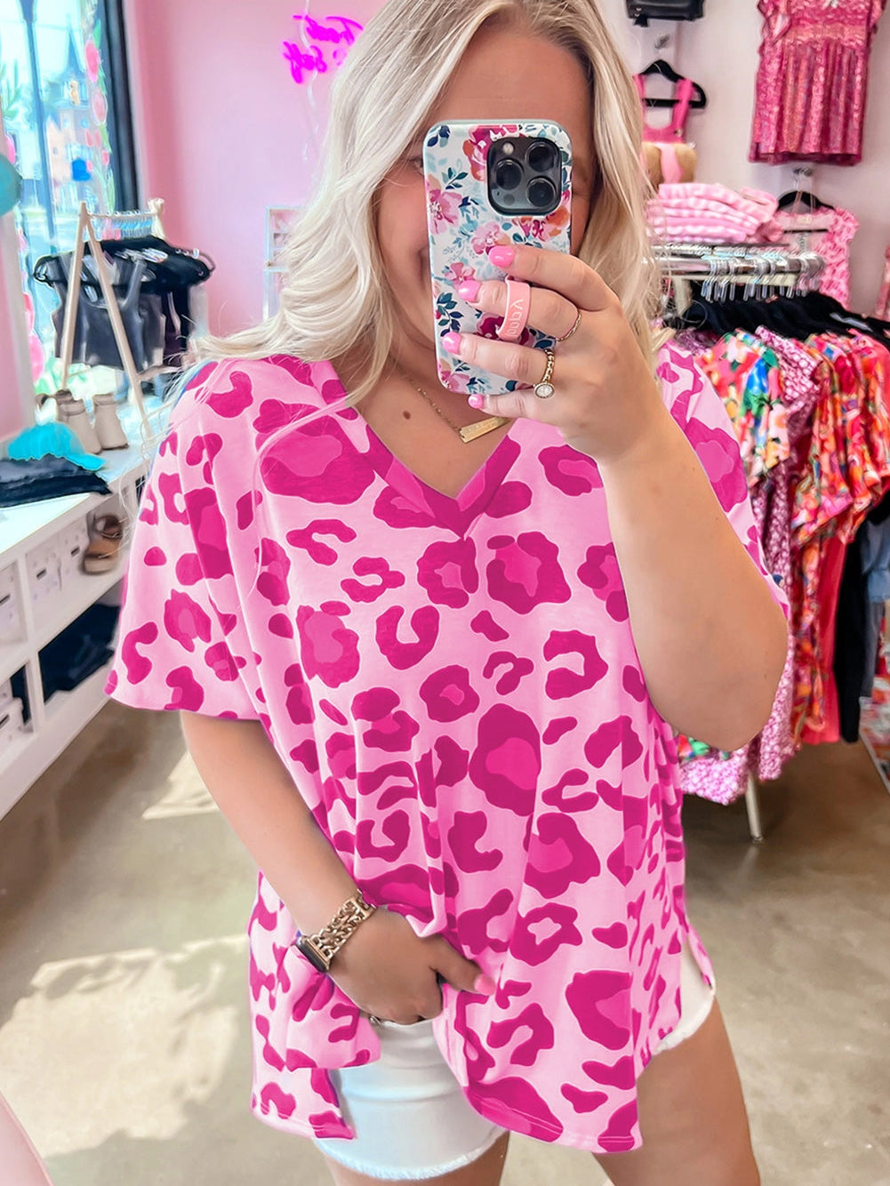 Floral Leopard Print Oversized V-Neck Plus Size T-Shirt