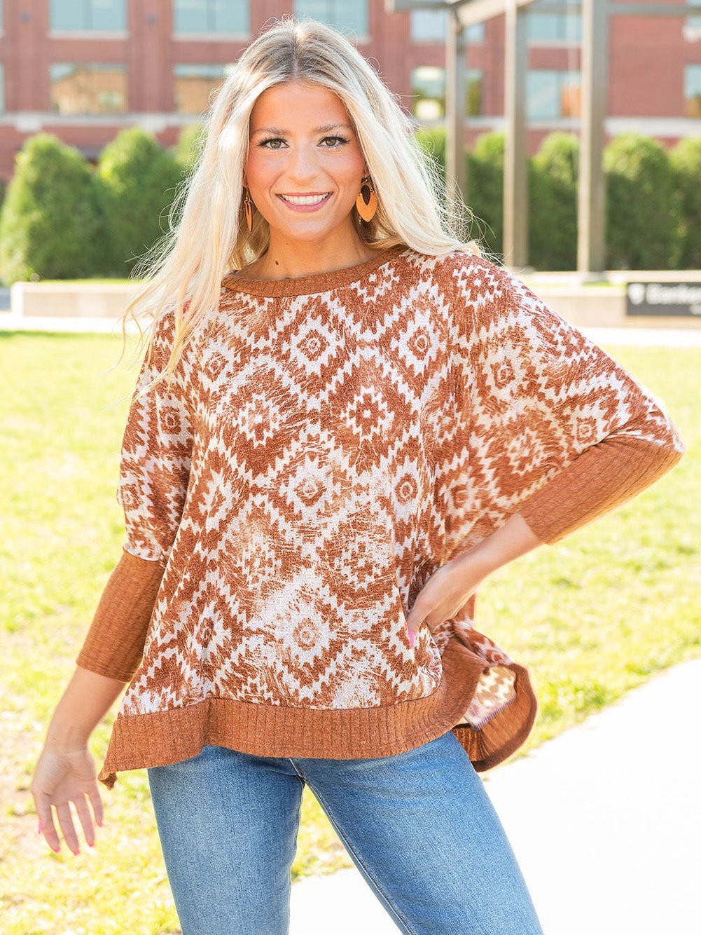 Aztec Print Batwing Sleeve White Blouse with Ribbed Trim