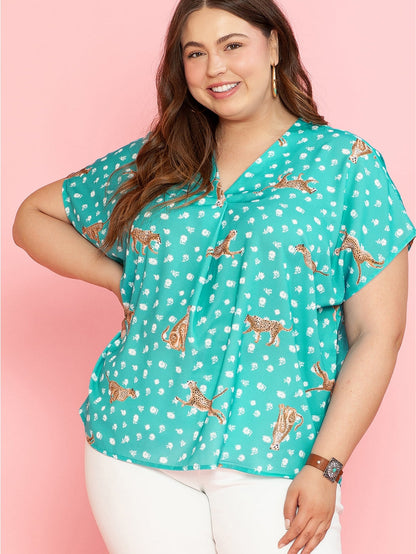 Green Cheetah Print V Neck Short Sleeve Plus Top