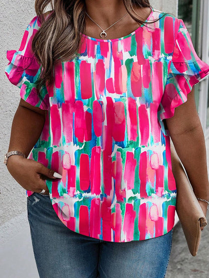 Rosy Abstract Print Ruffle Petal Sleeve Blouse for Curvy Queens