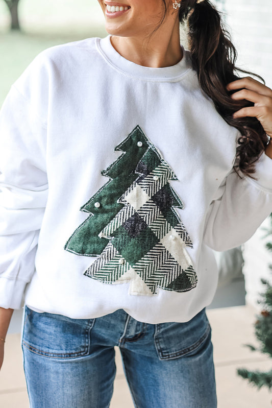 White Pearl Detail Christmas Trees Exposed Seam Patched Sweatshirt