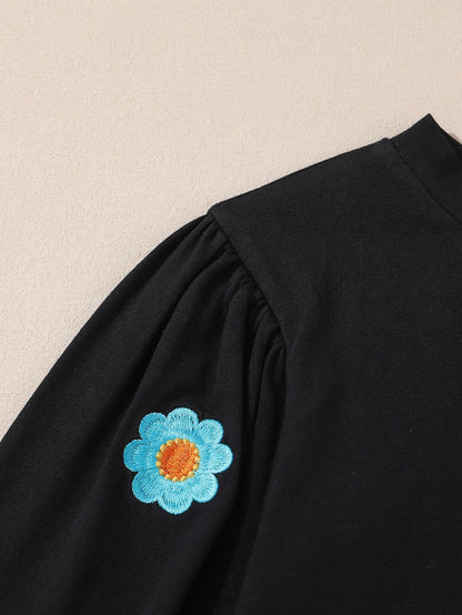 Elegant Black Floral Embroidered Blouse with Puff Sleeves
