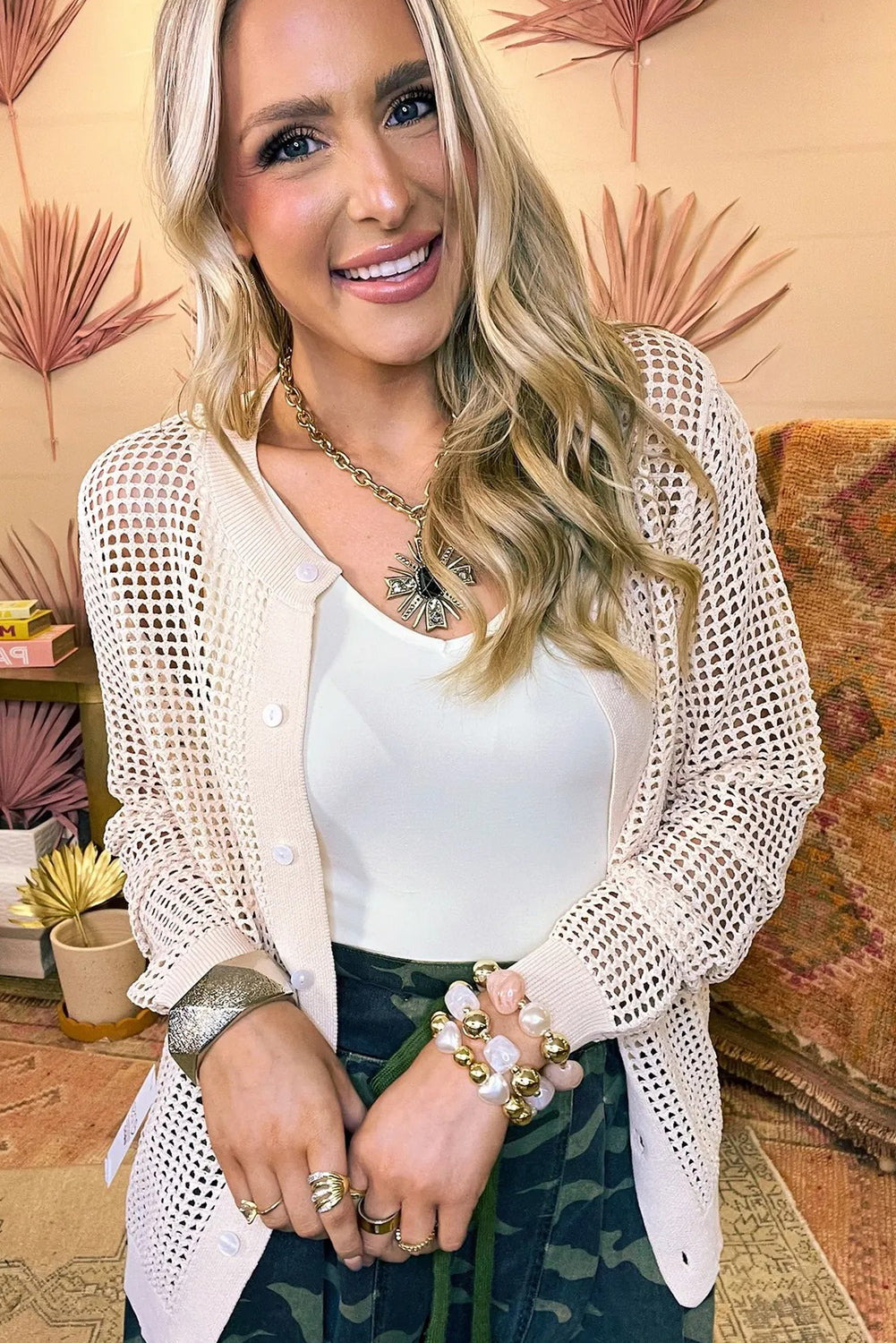 Jet Stream Solid Color Hollow Out Knit Button Down Sweater Cardigan