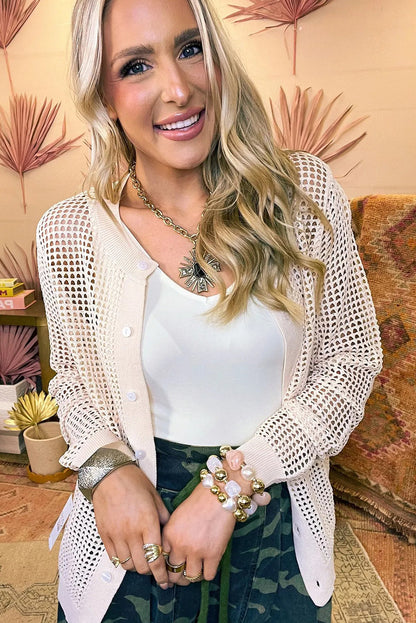 Jet Stream Solid Color Hollow Out Knit Button Down Sweater Cardigan