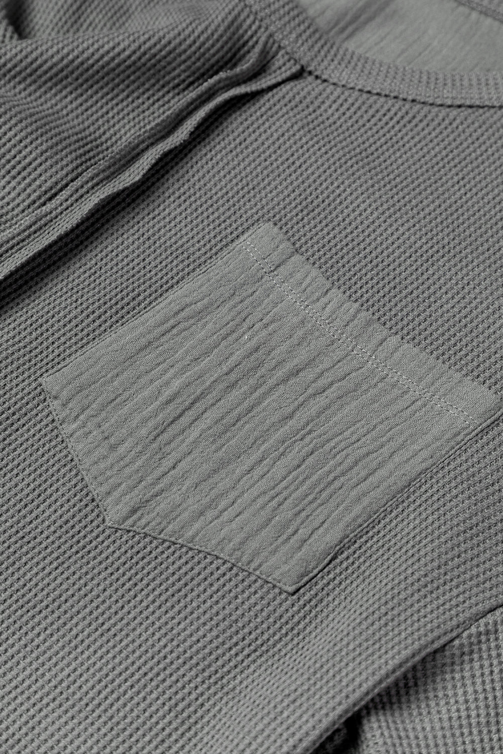 Gray Crinkled Texture Patchwork Waffle Knit Top with Bubble Sleeves