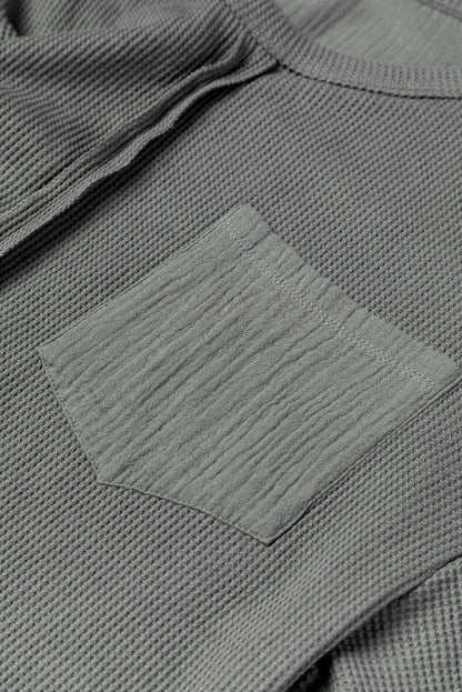 Gray Crinkled Texture Patchwork Waffle Knit Top with Bubble Sleeves