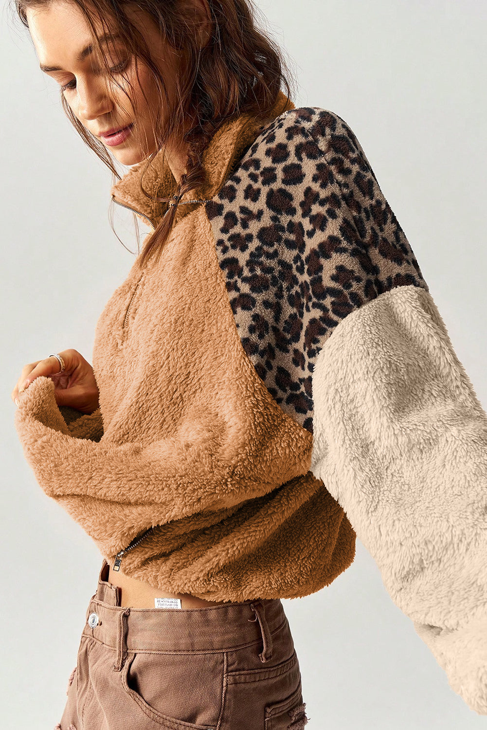 Camel Sherpa Color Block Leopard Patchwork Quarter Zip Plush Pullover Sweatshirt