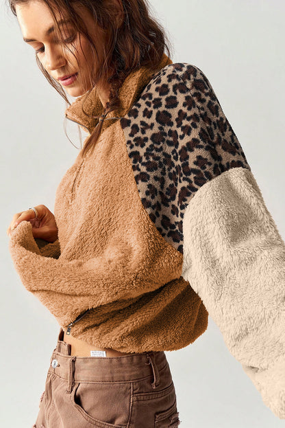 Camel Sherpa Color Block Leopard Patchwork Quarter Zip Plush Pullover Sweatshirt