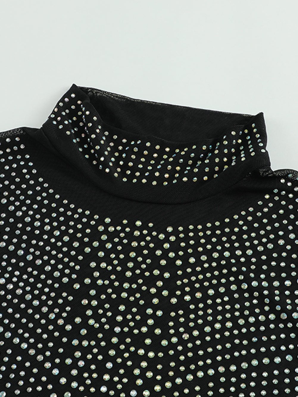 Iridescent Silver Rhinestone Embellished Black Mock Neck Bodysuit