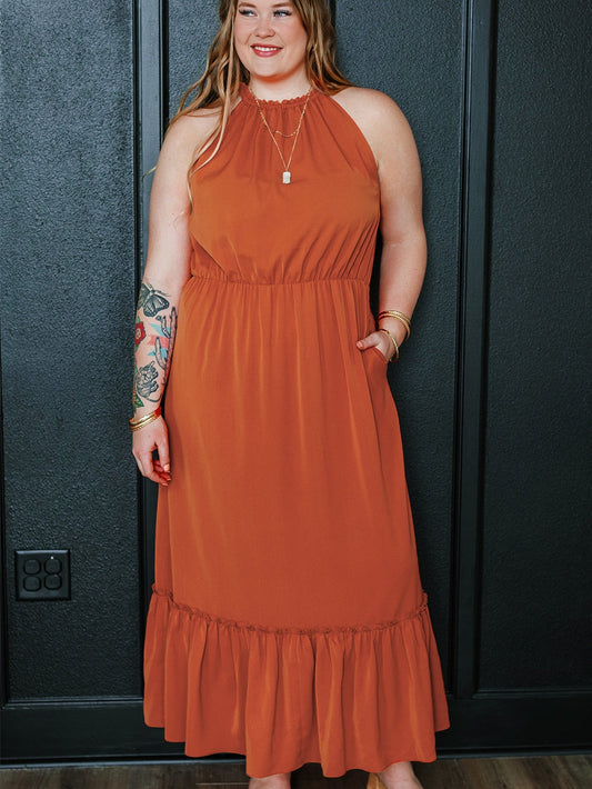 Russet Orange Plus Size Ruffled Hem Sleeveless Long Dress