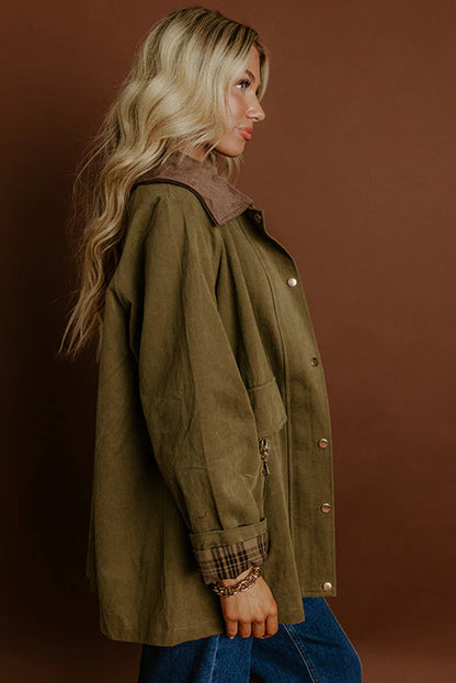 Moss Green Color Block Collar Patchwork Contrasted Leopard Liner Utility Jacket