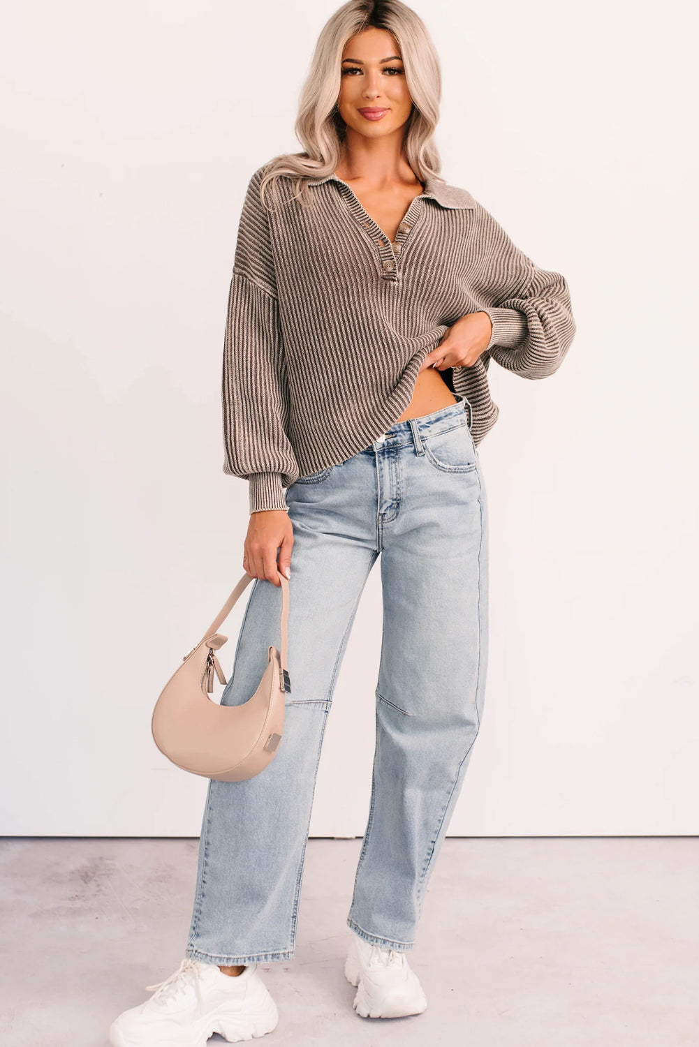 Dark Brown Mineral Washed Knit Button Polo Collar Loose Sweater