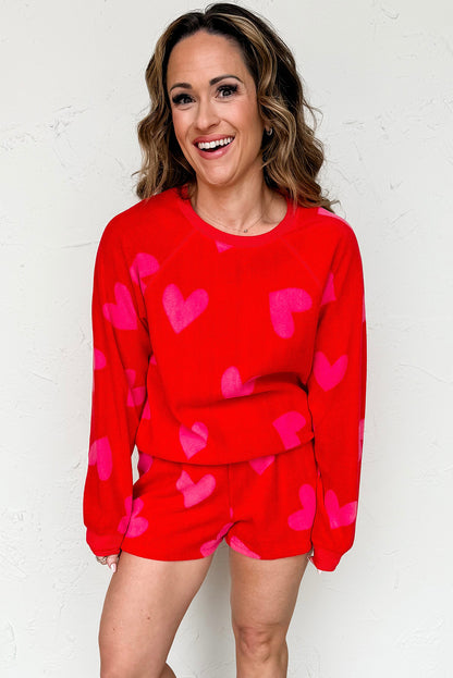 Red Valentines Heart Pattern Soft Fleece 2pcs Short Set