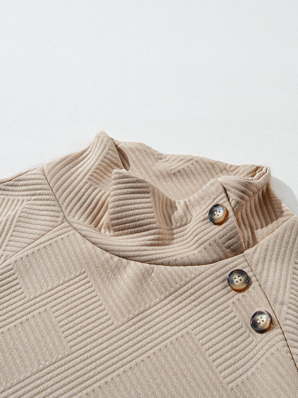 Apricot Textured High Neck Sweatshirt with Unique Asymmetrical Buttons
