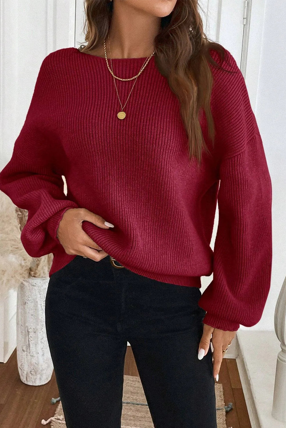 Red Dahlia Ribbed Knit Contrast Ribbon Knot Drop Shoulder Sweater