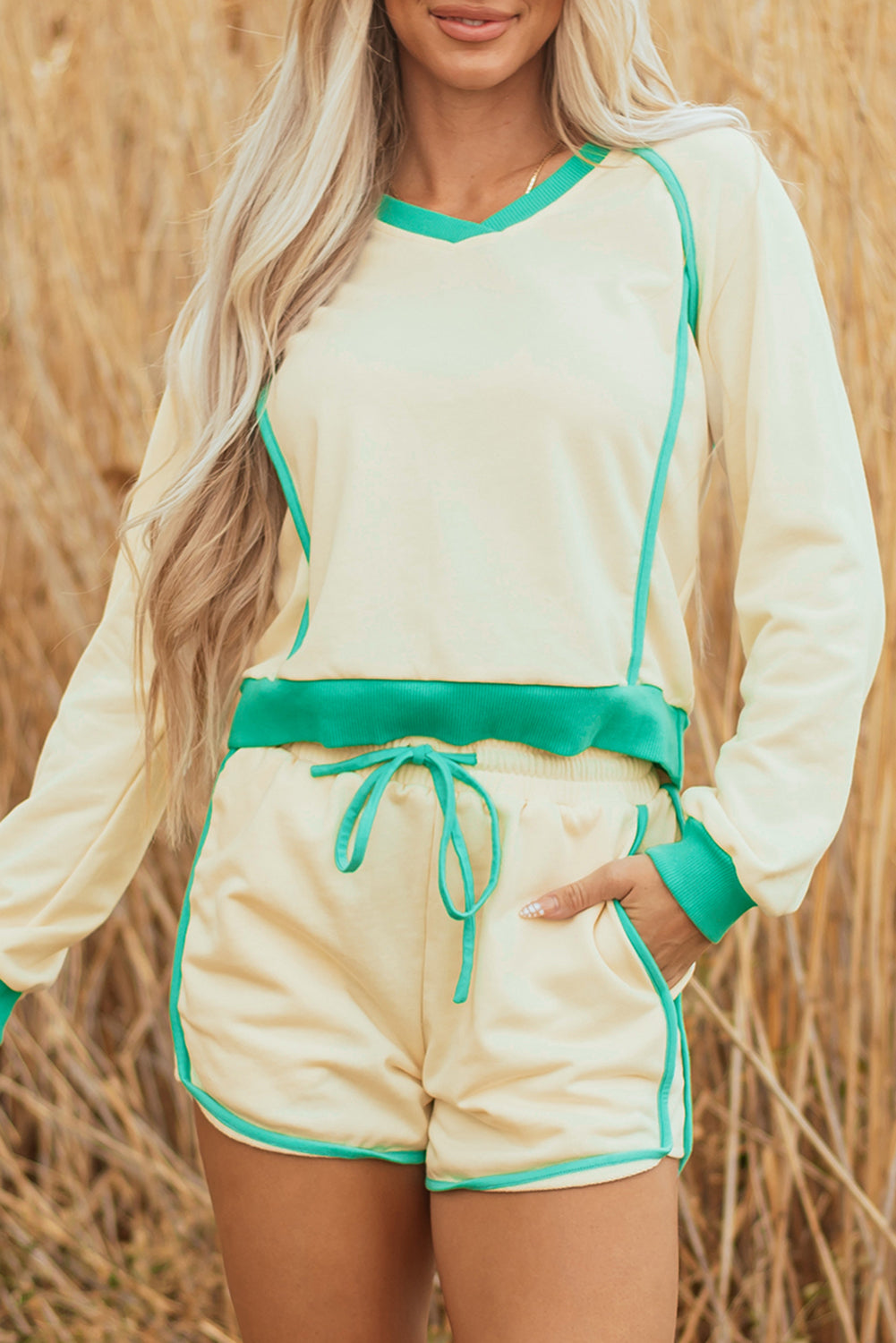 color block trim short set