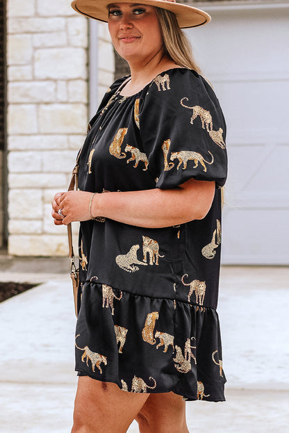 Cheetah Wonderland Plus Size Mini Dress with Puff Sleeve Flair