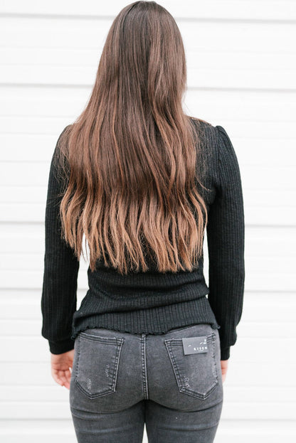 Elegant Black Frilled High Neck Long Sleeve Top