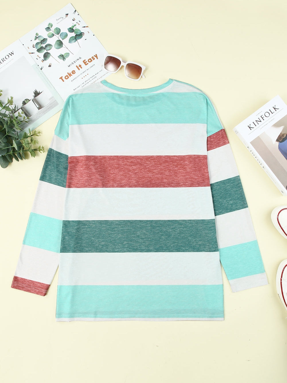 Green Striped Colorblock Shift Top for Curvy Women