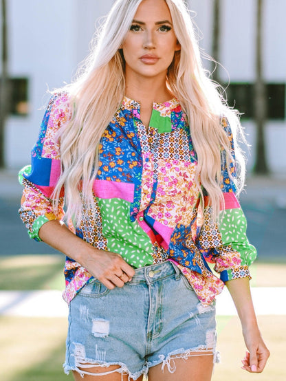 Floral Patchwork Print Button-Up Blouse