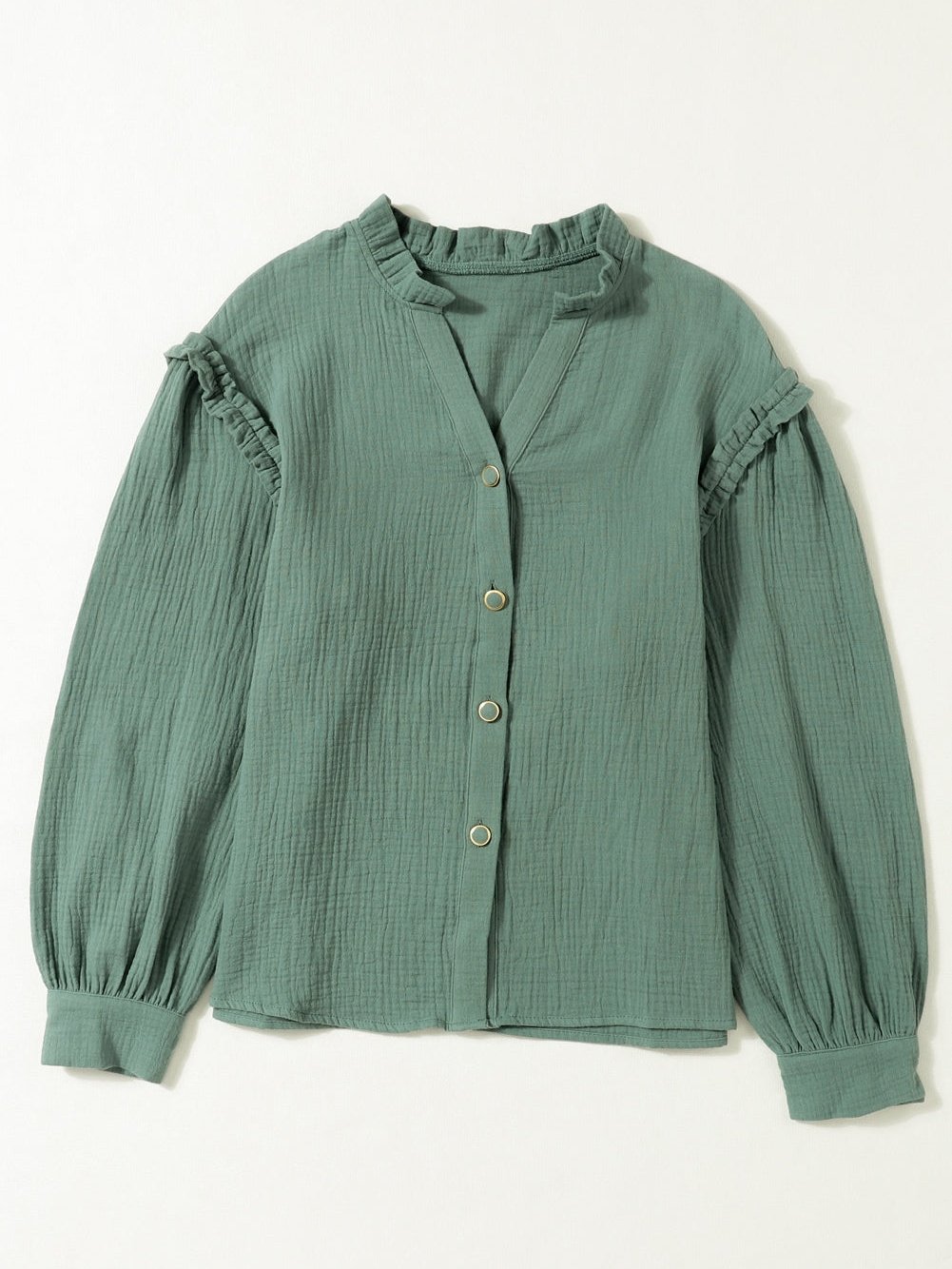 Green Crinkled Shirt with Frilled Split Neck