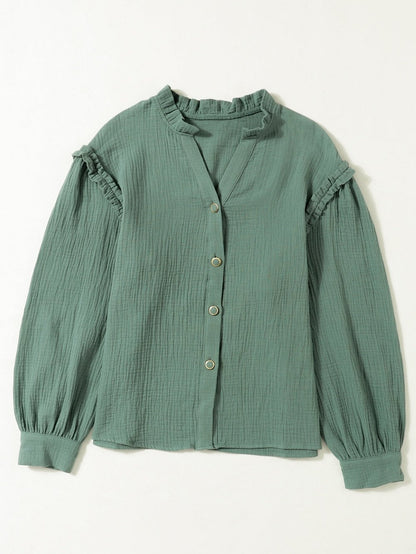 Green Crinkled Shirt with Frilled Split Neck