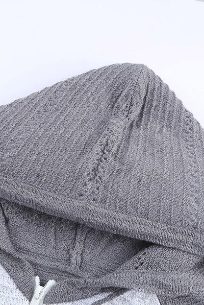 Gray Colorblock Knit Hoodie with Zipper Detail