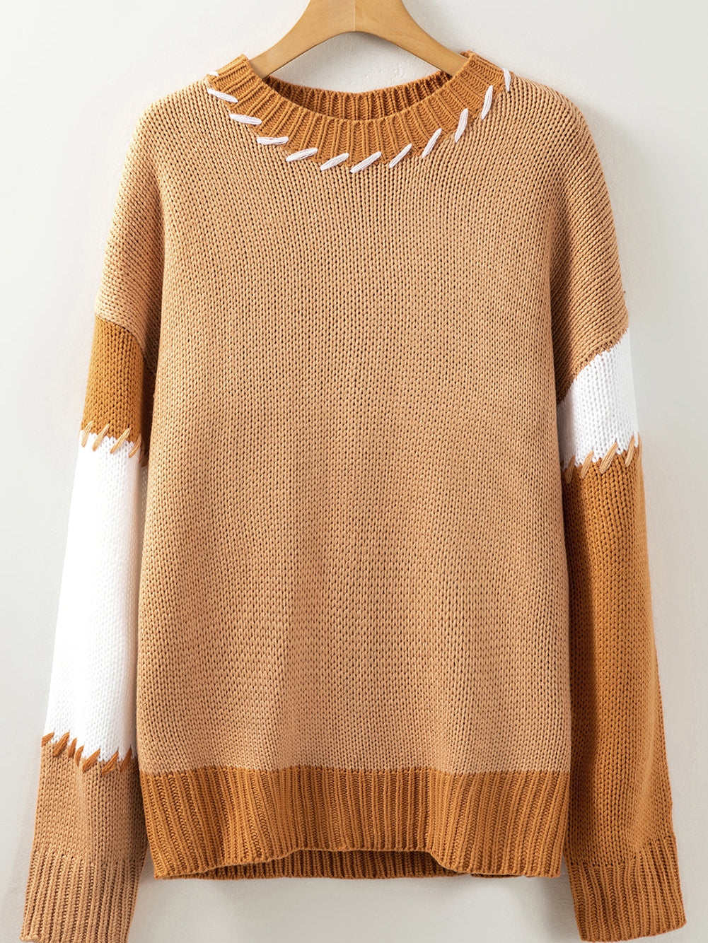 French Beige Patchwork Oversized Knit Sweater with Contrast Stitch