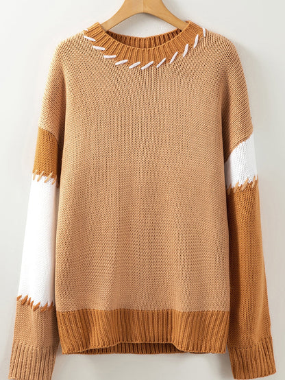 French Beige Patchwork Oversized Knit Sweater with Contrast Stitch