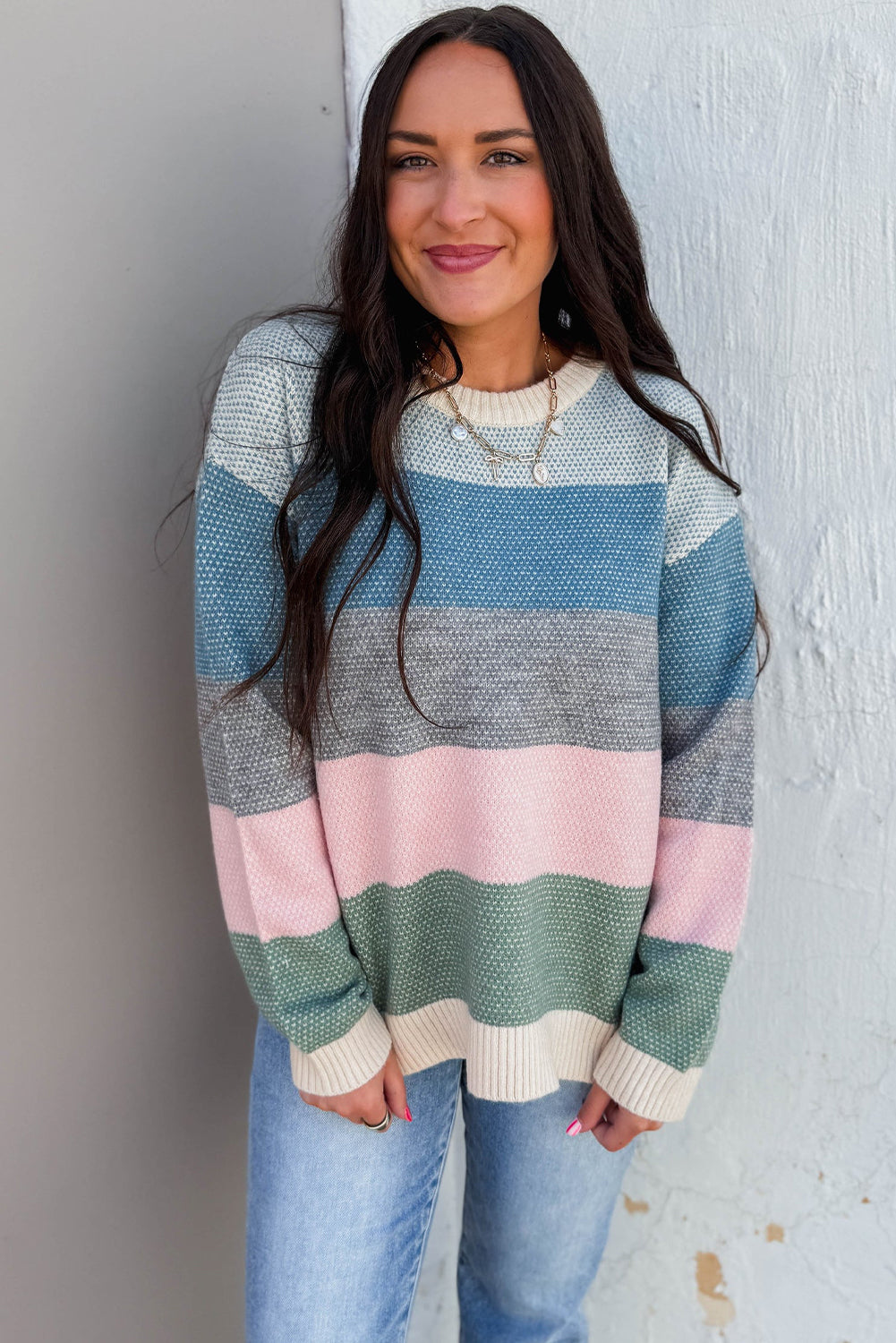 Light Blue Striped Color Block Round Neck Loose Sweater