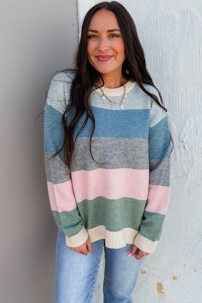 Light Blue Striped Color Block Round Neck Loose Sweater