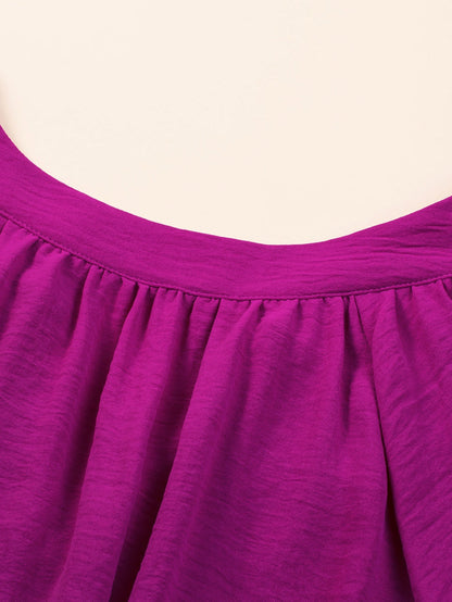 Rose Red Notched Neck Wide Sleeve Pleated Plus Size Dress