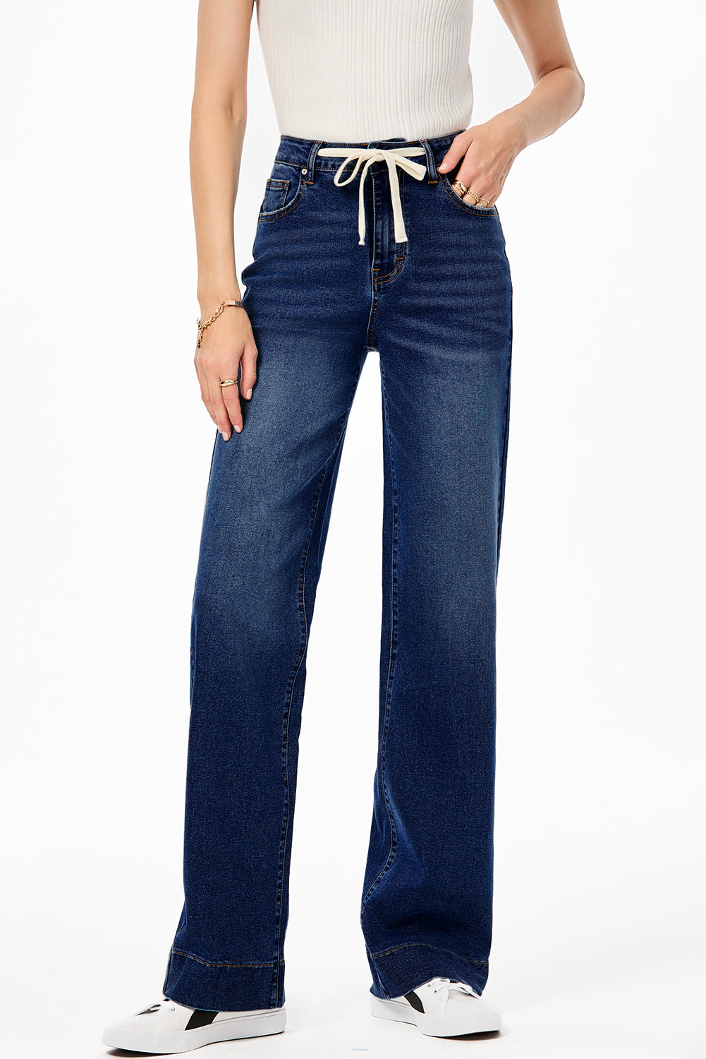 Bluing Lace-up Button Zip Fly Straight Leg Jeans