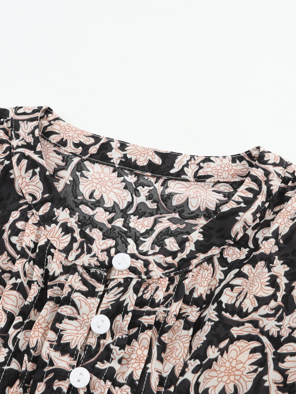 Elegant Black Floral V-Neck Pleated Blouse with Puff Sleeves