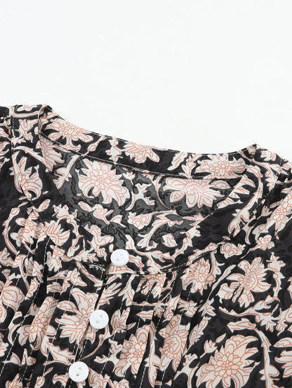 Elegant Black Floral V-Neck Pleated Blouse with Puff Sleeves