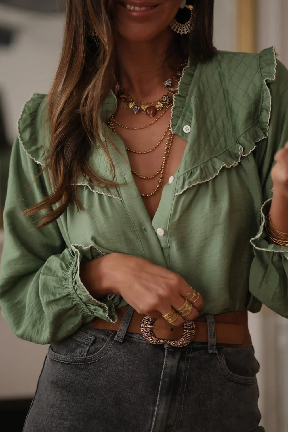 Green Bay Embroidered Ruffle Trim Long Sleeve Loose Shirt