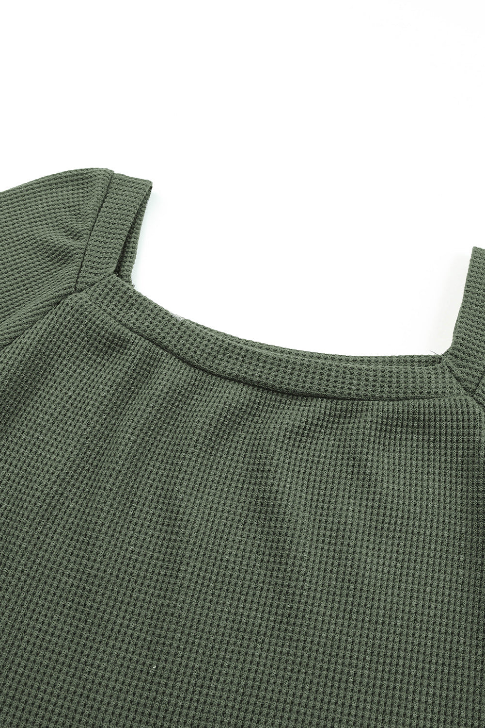 Green Square Neck Loose Fit Waffle Knit Long Sleeve Top