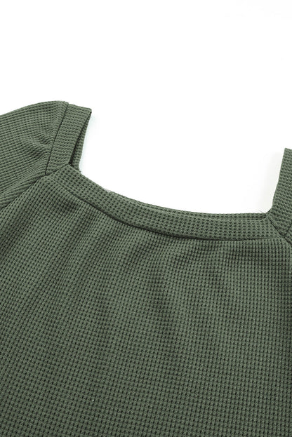 Green Square Neck Loose Fit Waffle Knit Long Sleeve Top
