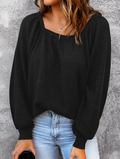 Elegant Square Neck Long Sleeve Waffle Knit Top