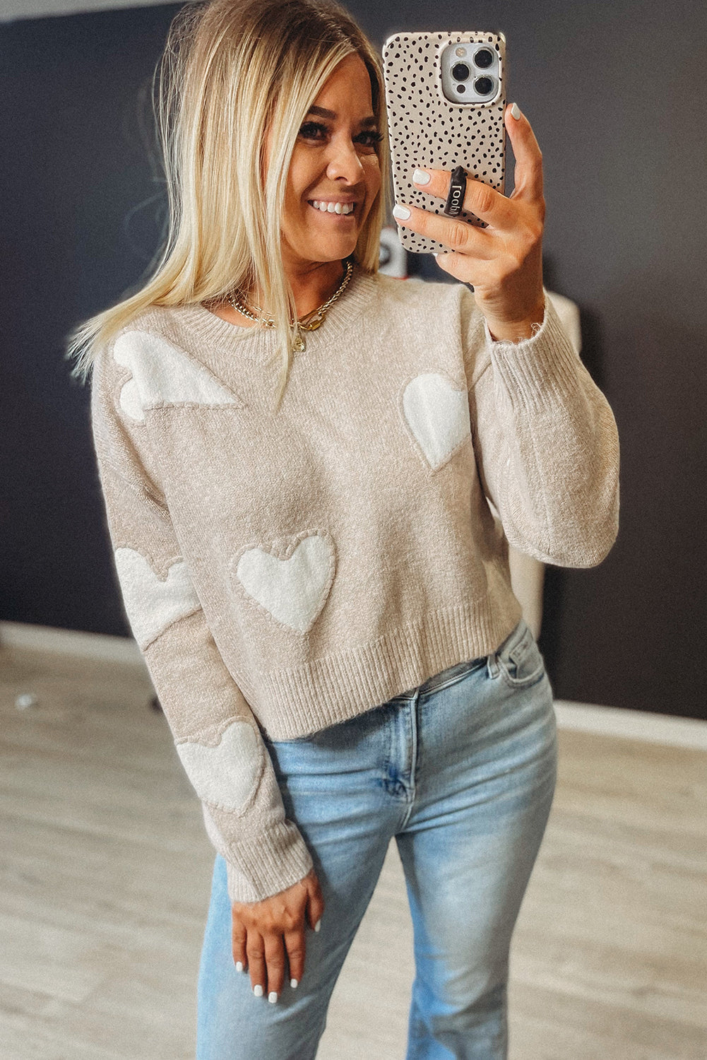 Parchment Heart Patched Pattern Valentine Cropped Sweater