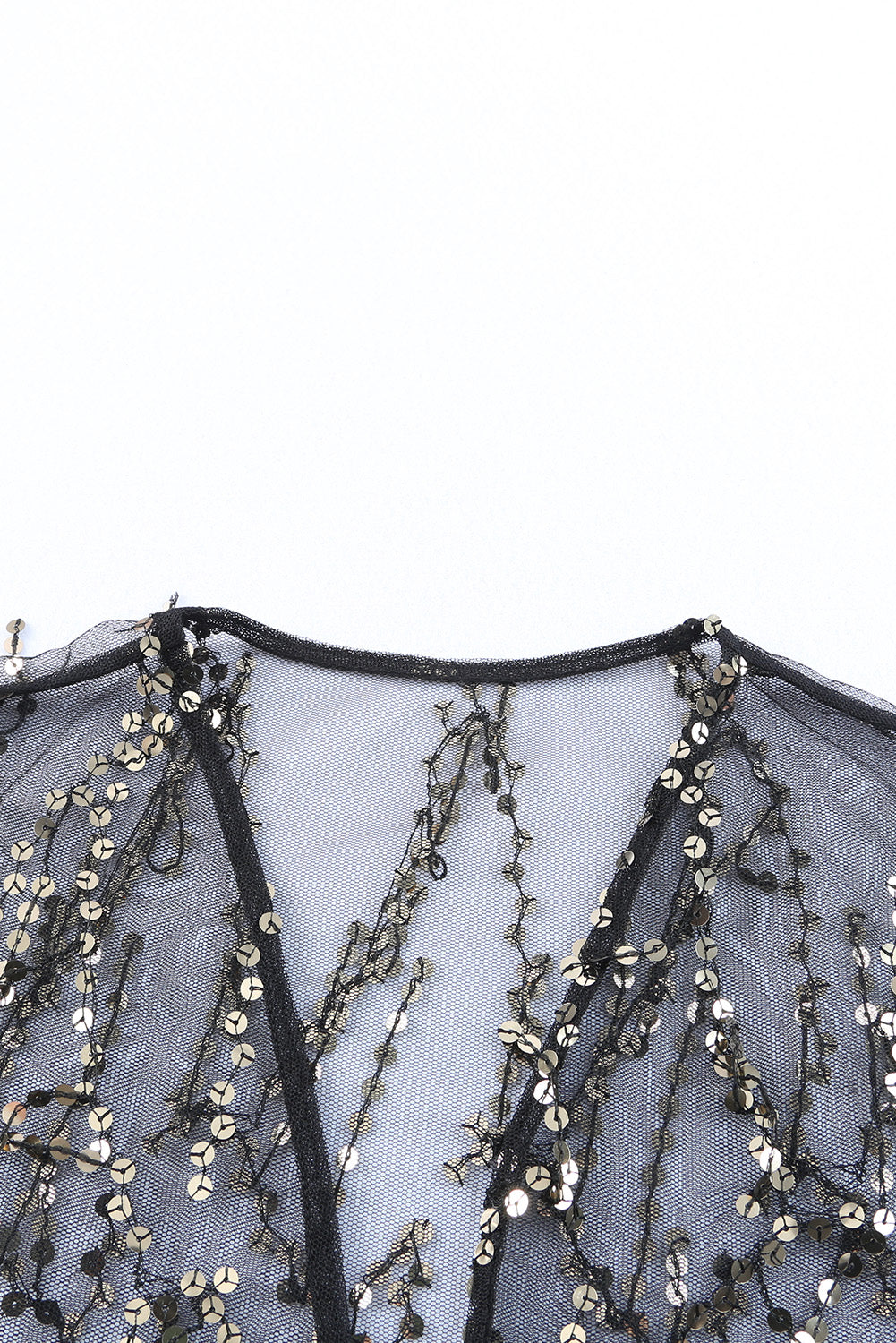 Black Sequin Sheer Long Sleeve Open Front Kimono